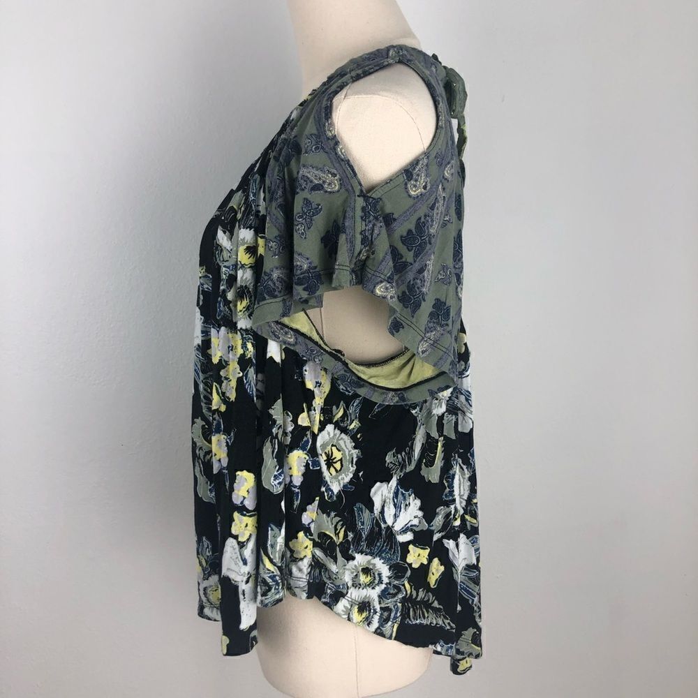 Free People Cold Shoulder Black Floral Top Boho Loose Fit CottageCore Medium - Picture 8 of 12